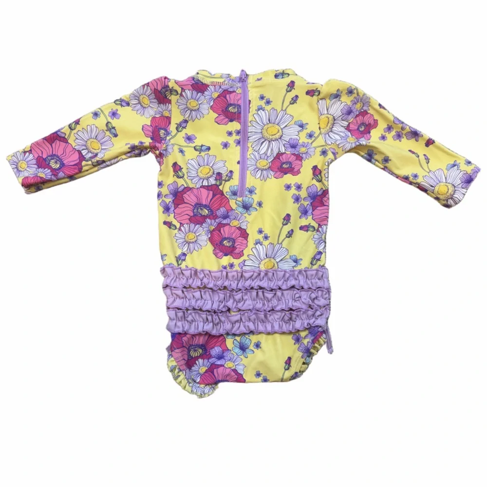 RuffleButts Rash Guard Swimsuit 6-12M Yellow Floral Ruffle Back - Picture 2 of 3